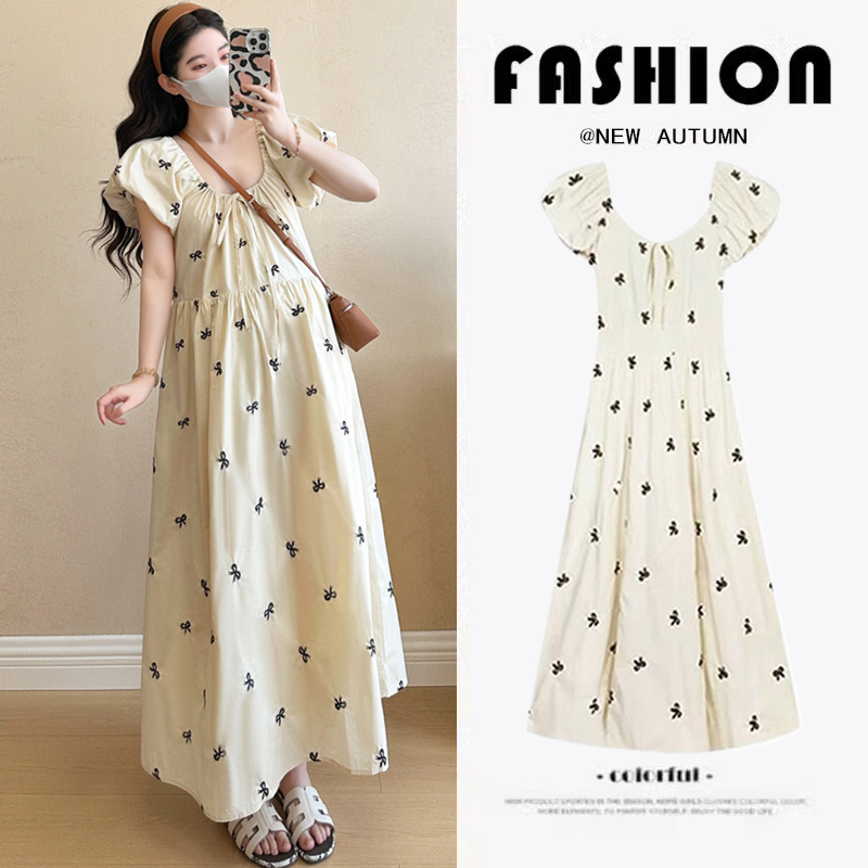 Maternity Dress 2026 New Summer Fashion French Style Loose Puff Sleeve Embroidered Long Dress Summer Style Maternity Dress