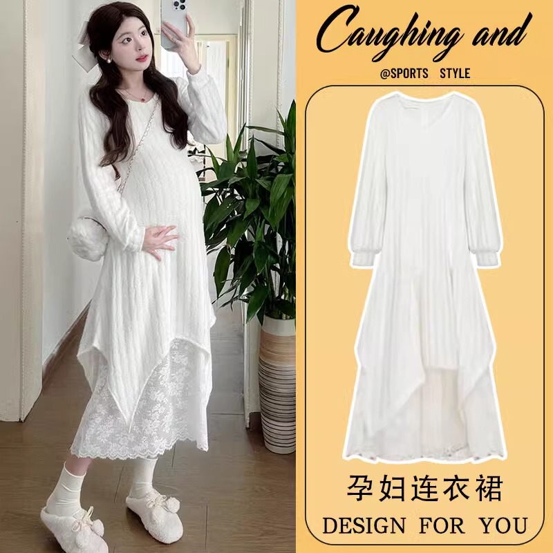 Maternity Dress Autumn and Winter 2024 New Thickeneded French Loose Lace Splicing Bottoming Long Skirt Winter Maternity Dress Maternity Dress Autumn and Winter 2024 New Thickeneded French Loose Lace Splicing Bottoming Long Skirt Winter Maternity Dress