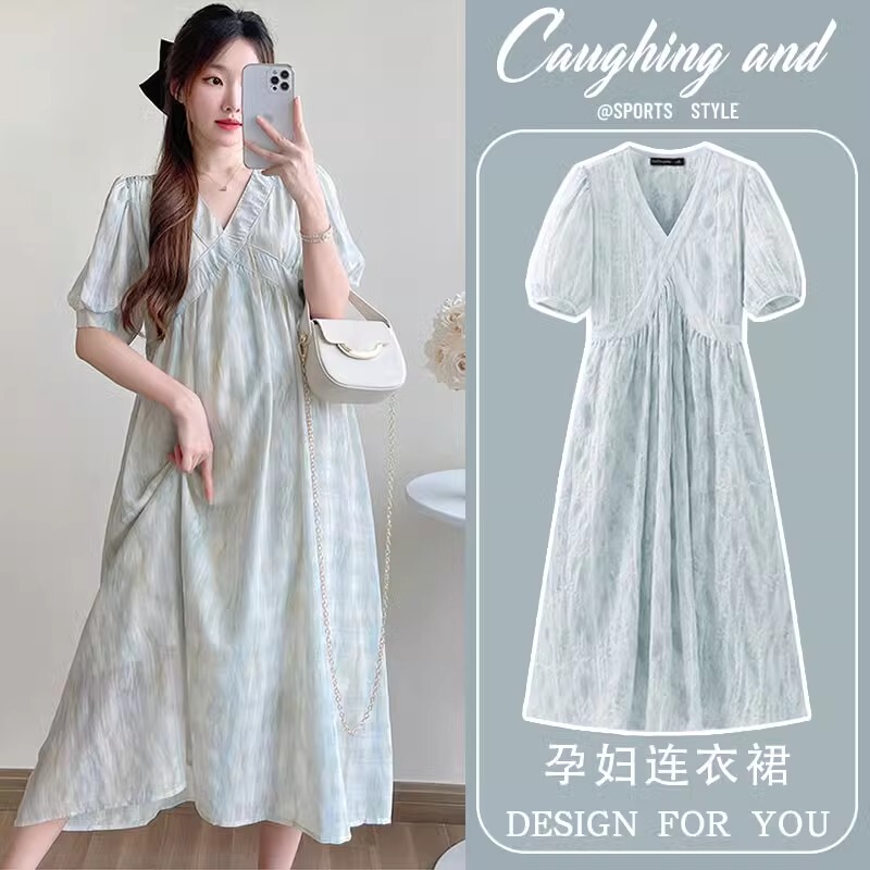 Maternity Dress Summer Style 2026 New Fashionable French Style Loose V-Neck Tie-Dye Long Dress Summer Maternity Dress