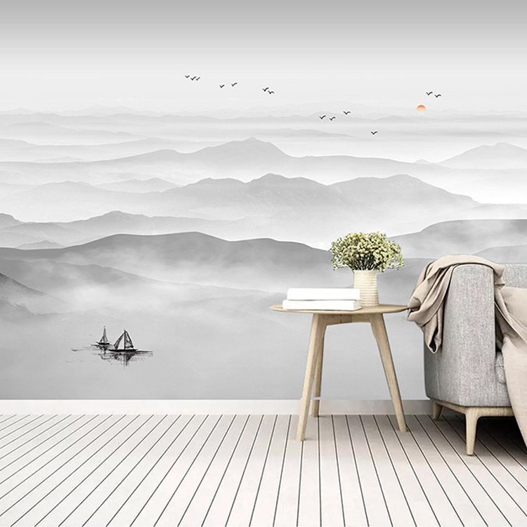 Modern light luxury new Chinese ink landscape wall cloth living room TV background wall wallpaper sofa film and television custom mural