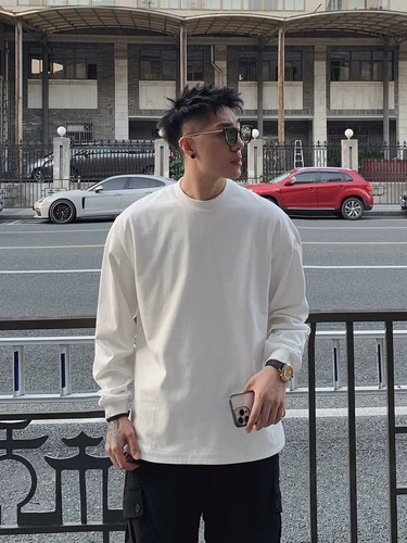 Демисезонный приятный телу хлопковый лонгслив для отдыха, оверсайз, круглый воротник, в американском стиле