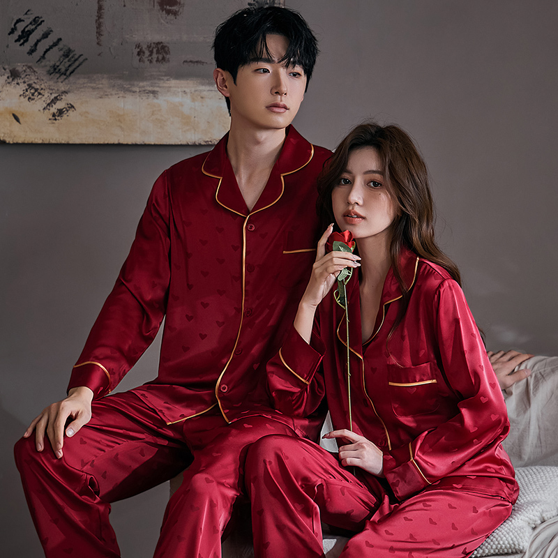 Red Wedding Pajamas for Newlyweds, Ice Silk Set for Men and Women, Bride and Groom, Spring and Autumn 2026 New Style for Wedding Use