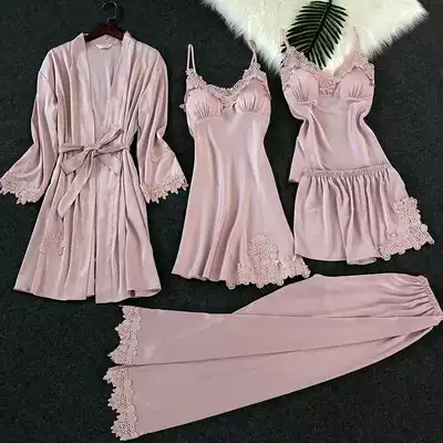 Pajamas female summer ice silk Sexy Hot Adult Spring and Autumn long sleeve thin women's nightgown five sets
