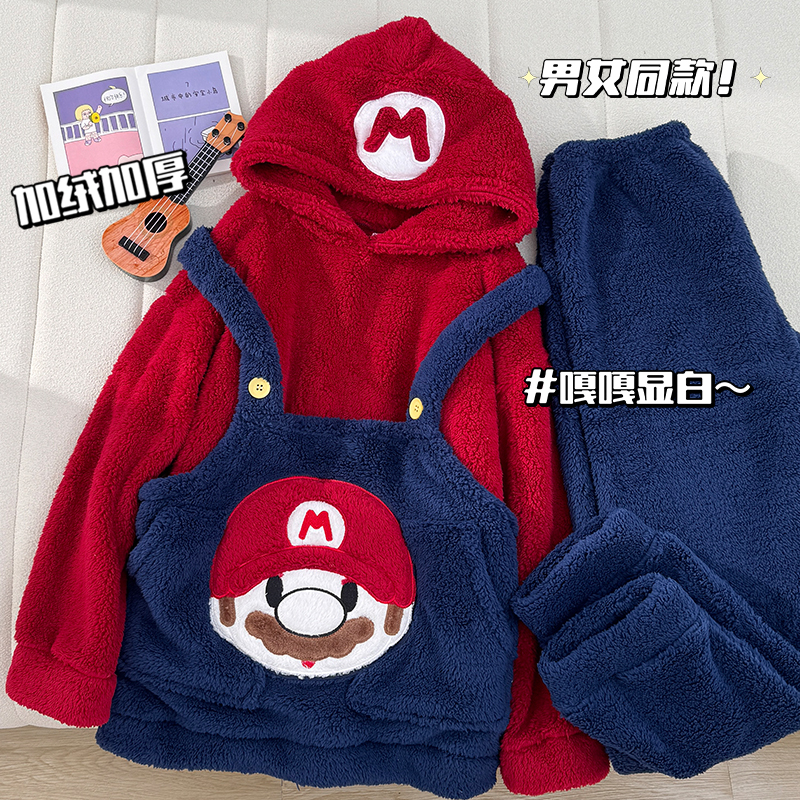 Winter Pajamas for Women, Thickened with Fleece, Large Size, Cartoon Mario, Men's Hooded Coral Fleece Couple's Loungewear Set Winter Pajamas for Women, Thickened with Fleece, Large Size, Cartoon Mario, Men's Hooded Coral Fleece Couple's Loungewear Set