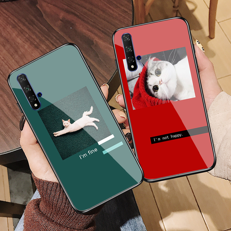 ins网红冷淡风小猫咪华为NOVA5 PRO防摔镜面手机壳NOVA4E/5i钢化玻璃壳荣耀20PRO/华为P30PRO全包硅胶磨砂套