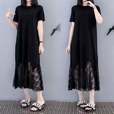 Tide brand 2020 summer fat sister lace stitching large size medium and long version of the dress is thin fishtail T-shirt long skirt female