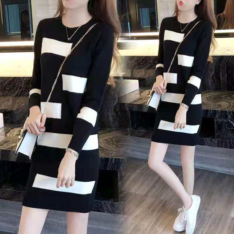 Tide Cards Big Size Women's Dress 2021 Autumn Winter New Fat Mm Knit Base Sweater Dresses Slim And Slim Fit Women