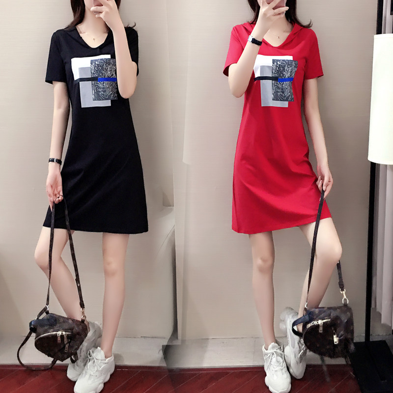 Tide brand 2021 summer women's short-sleeved Korean version round neck hooded sports mid-length T-shirt skirt casual dress women