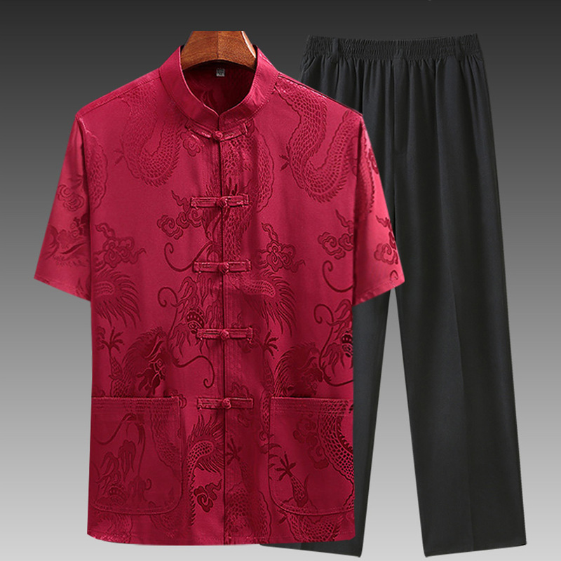 Middle-Aged and Elderly Men's Tang Suit Shirt, Summer Outfit for Dad, Ice Silk Short-Sleeved Suit for Grandpa, Birthday Clothes for the Elderly