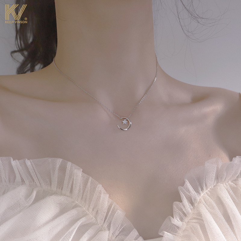 Star Moon Necklace Woman S925 Pure Silver New Tide Flash Drill Lock Bone Chain Summer Niche Design Sensation Brief Personality Ornament