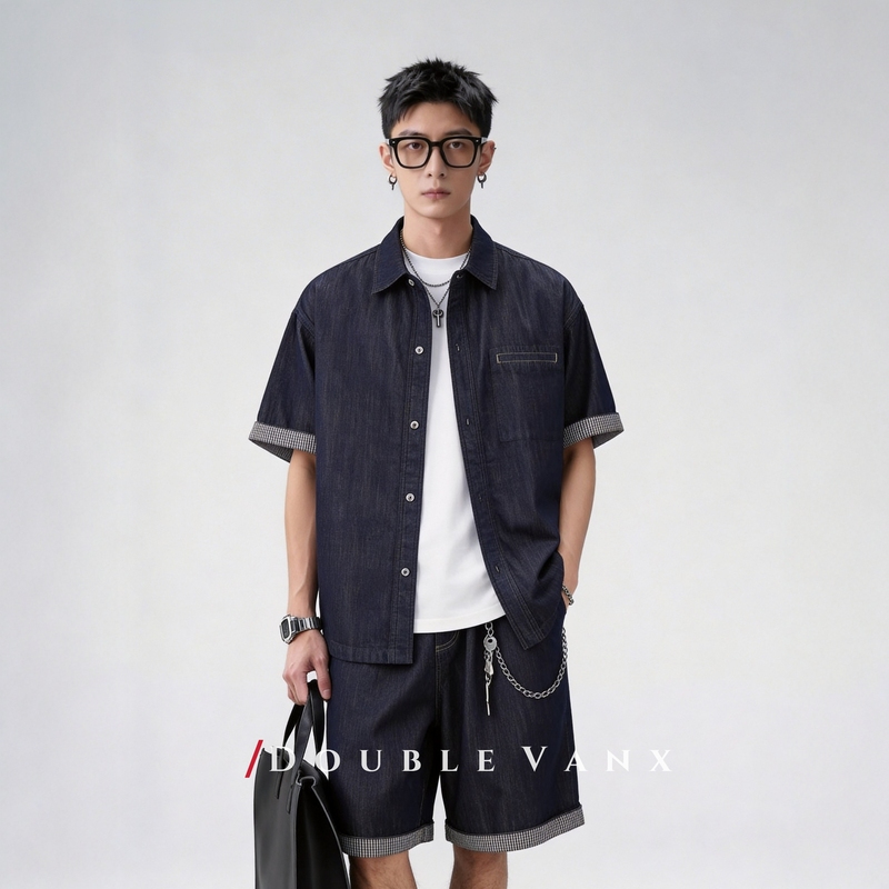 Trendy Men's Lightweight Denim Suit 2026 Summer New Men's Casual Short-Sleeved Shirt and Shorts Fashion Two-Piece Set Trendy Men's Lightweight Denim Suit 2026 Summer New Men's Casual Short-Sleeved Shirt and Shorts Fashion Two-Piece Set