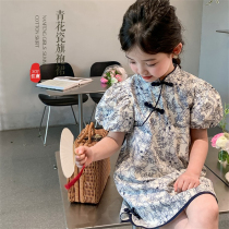 Girls cheongsam dress 2024 summer style childrens buckle cheongsam small Jiangnan style girls improved big childrens pure cotton dress