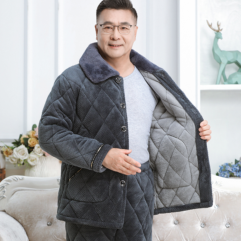 Men's Winter Pajamas, Thickened and Fleece-Lined, Coral Fleece, Quilted, Three-Layered, Warm, Middle-Aged and Elderly Dad's Home Wear Set