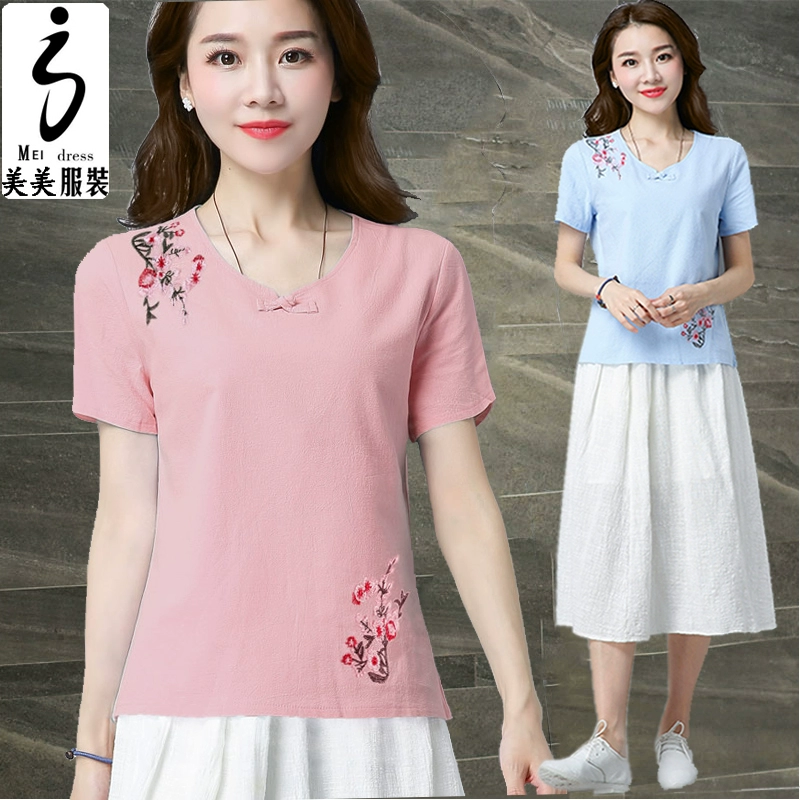 Cotton và vải lanh phụ nữ mùa hè phong cách quốc gia vải lanh cotton thêu hoa lỏng lẻo chạm đáy áo sơ mi ngắn tay áo cotton và vải lanh thủy triều - Áo phông