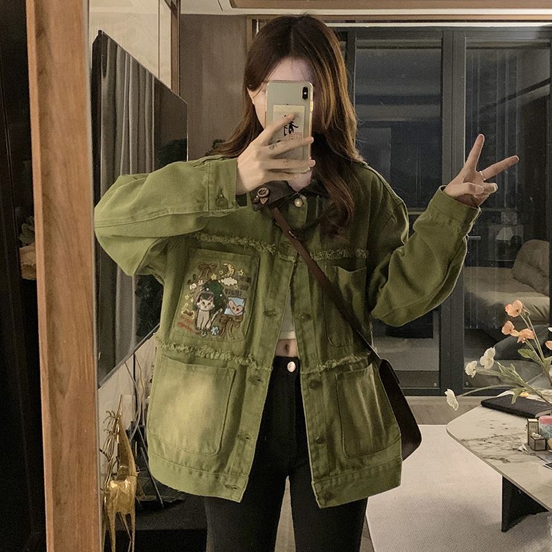 Childlike Embroidered Brushed Denim Jacket for Women Spring & Fall Korean Style Loose Student Washed and Distressed Versatile Work Jacket Trendy