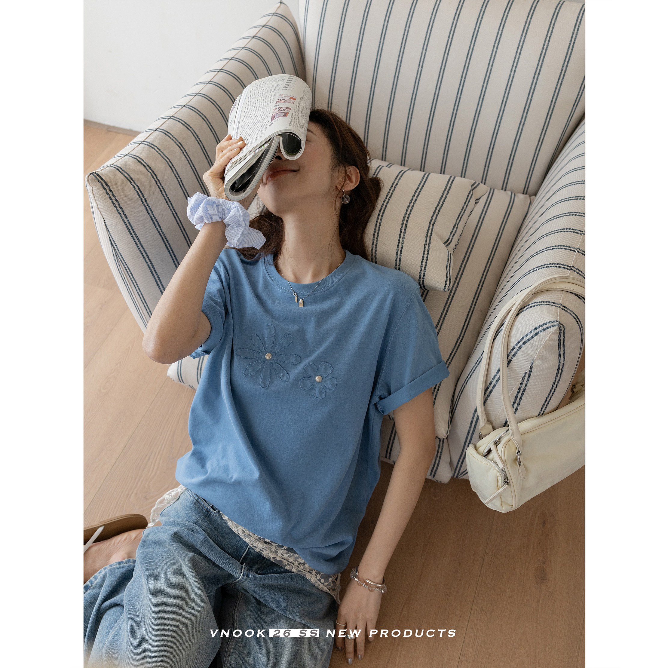 VNOOK женская футболка с круглым вырезом и аппликацией с вышивкой, новинка весна-лето 2026, трикотажная хлопковая свободная повседневная однотонная блузка с коротким рукавом