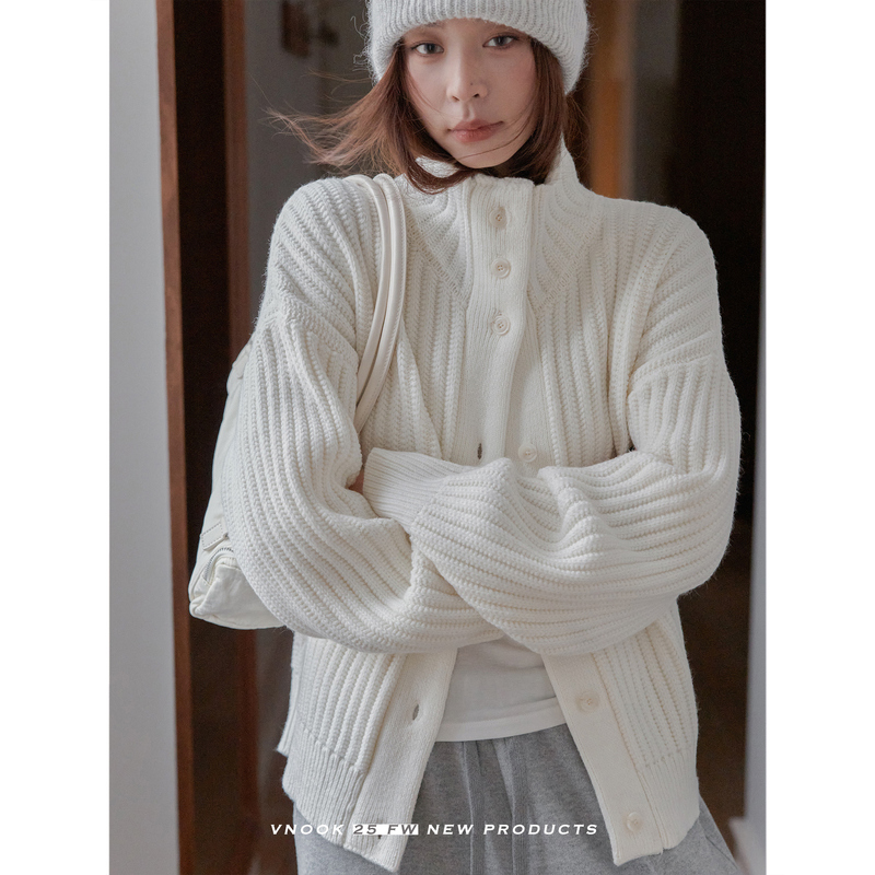 Vnook Heavy-Duty Stand-Up Collar Lazy Ribbed Knit Sweater for Women, New Winter Solid Color Korean Style Wool Cardigan Jacket Vnook Heavy-Duty Stand-Up Collar Lazy Ribbed Knit Sweater for Women, New Winter Solid Color Korean Style Wool Cardigan Jacket