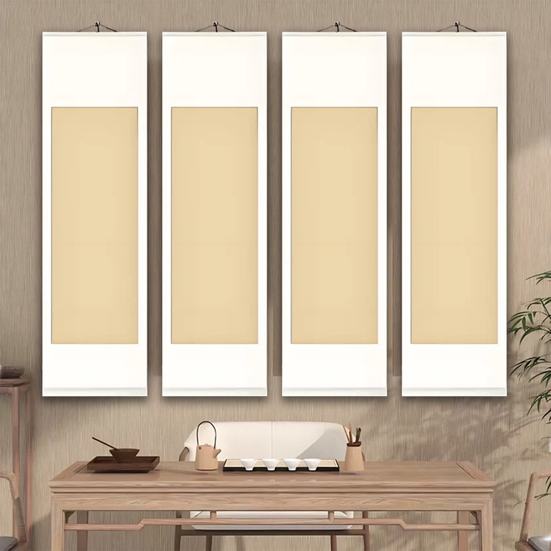 (a Set of Four) Fully Silk-Encased Blank Scroll Four-Panel Vertical Scroll Painting Scroll with Rice Paper and Brush for Traditional Chinese Painting (a Set of Four) Fully Silk-Encased Blank Scroll Four-Panel Vertical Scroll Painting Scroll with Rice Paper and Brush for Traditional Chinese Painting