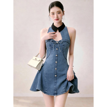 High-End Designer Denim Dress for Women 2026 Summer Sleeveless Waist-Cinching Bow Blue Elegant Outfit Dress