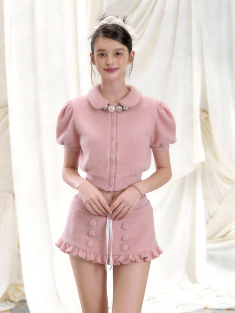 Chanel-Style Elegant Pink Outfit with Doll Collar and Puff Sleeves, French-Style 2026 Super Trendy Outfit Set