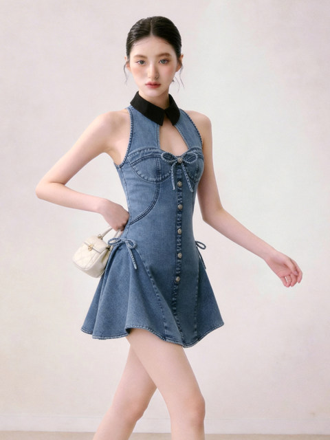 High-End Designer Denim Dress for Women 2026 Summer Sleeveless Waist-Cinching Bow Blue Elegant Outfit Dress