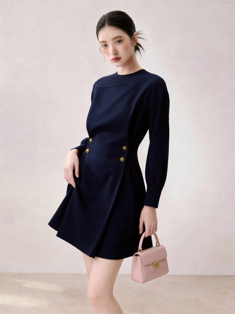 Commuting Outfit Round Neck Waist-Cinching Dress for Women 2026 Summer Blue Long-Sleeved Workplace Elegant A-Line Dress