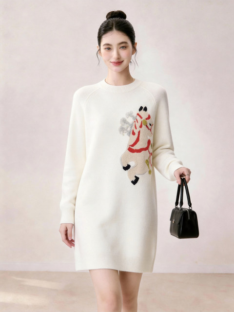 Cute Casual Style Jacquard Knit Dress for Women 2026 Summer White Round Neck Long Sleeve Petite Dress
