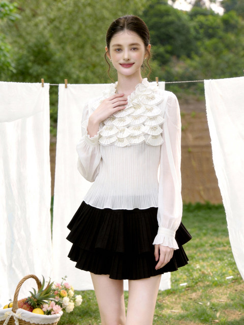 French-Style Elegant White Shirt for Women, Long-Sleeved, Heavily Beaded, Slim Fit, Ruffled Sleeves, High-End, Age-Reducing Top