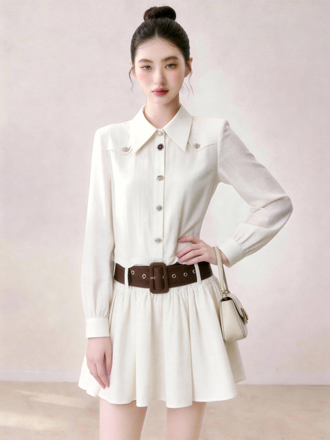 Elegant White Shirt Dress for Women, Waist-Cinching, with a Turn-Down Collar, New Trendy Style for Summer 2026