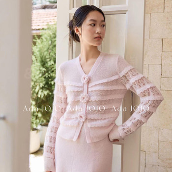 2025 Super Stylish Pink V-Neck Knitted Cardigan with Exquisite 3D Floral Design, Unique and Beautiful Long-Sleeve Top
