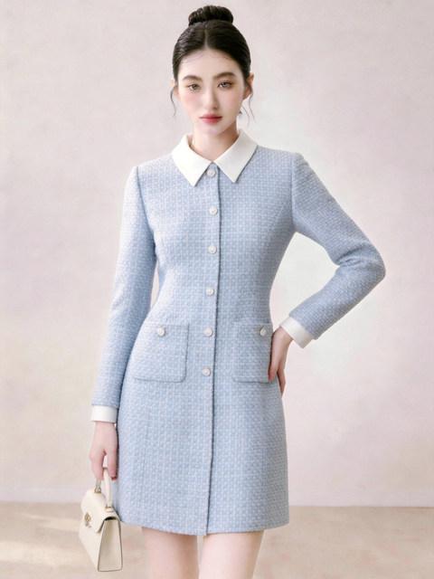 Elegant Blue Dress with Lapel Collar for Women, 2026 Summer Long-Sleeve Waist-Cinching Dress, High-End Style for Date Nights and Parties