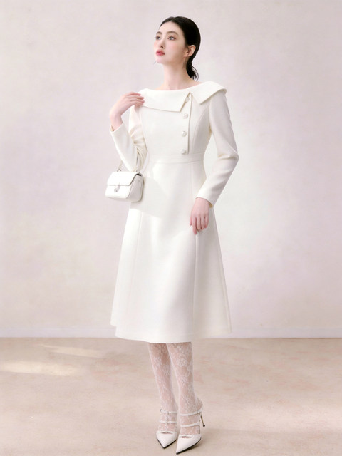 French Elegant Style White Lapel Dress for Women 2026 Summer Long-Sleeved Waist-Cinching A-Line Dress for Date and Party Wear