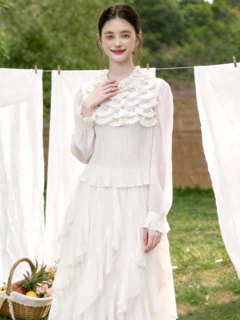 French-Style Elegant White Shirt for Women, Long-Sleeved, Heavily Beaded, Slim Fit, Ruffled Sleeves, High-End, Age-Reducing Top