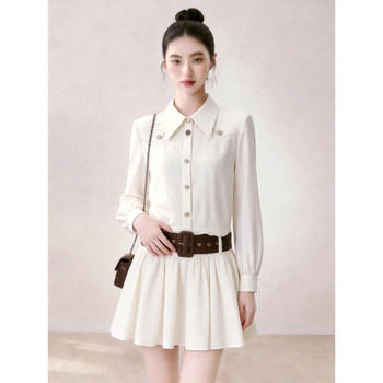 Elegant White Shirt Dress for Women, Waist-Cinching, with a Turn-Down Collar, New Trendy Style for Summer 2026