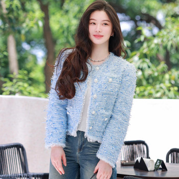 2025 New Trendy Blue Round-Neck Tweed Jacket for Women, Popular This Year, with a Light Luxury and High-End Feel