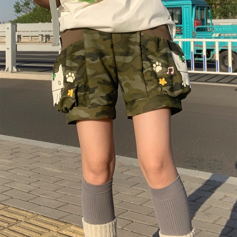 Transparent Island Original Camouflage Two-Dimensional Lucky Clover Kitten Embroidery Cute and Versatile Slimming Pumpkin Pants