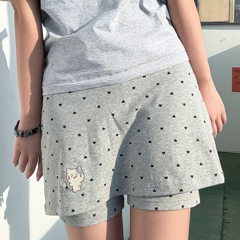 Transparent Island, Heart Polka Dots, Super Soft, Cute Kitten Embroidery, Fake Two-Piece Yoga Sports Shorts