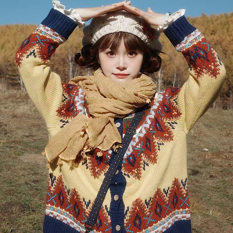 [Tuscany] Wild Pea LAOSHU Japanese Retro Style Youthful Fair Isle Lazy Sweater Cardigan Jacket