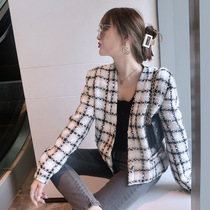 sandro sfpro small fragrance tweed V-neck plaid cardigan one button wild wool blend jacket female