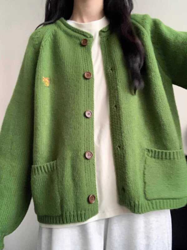 Japanese Retro Green Knitted Cardigan Sweater Jacket for Women 2024 Spring New Style Lazy Loose Soft Top Japanese Retro Green Knitted Cardigan Sweater Jacket for Women 2024 Spring New Style Lazy Loose Soft Top