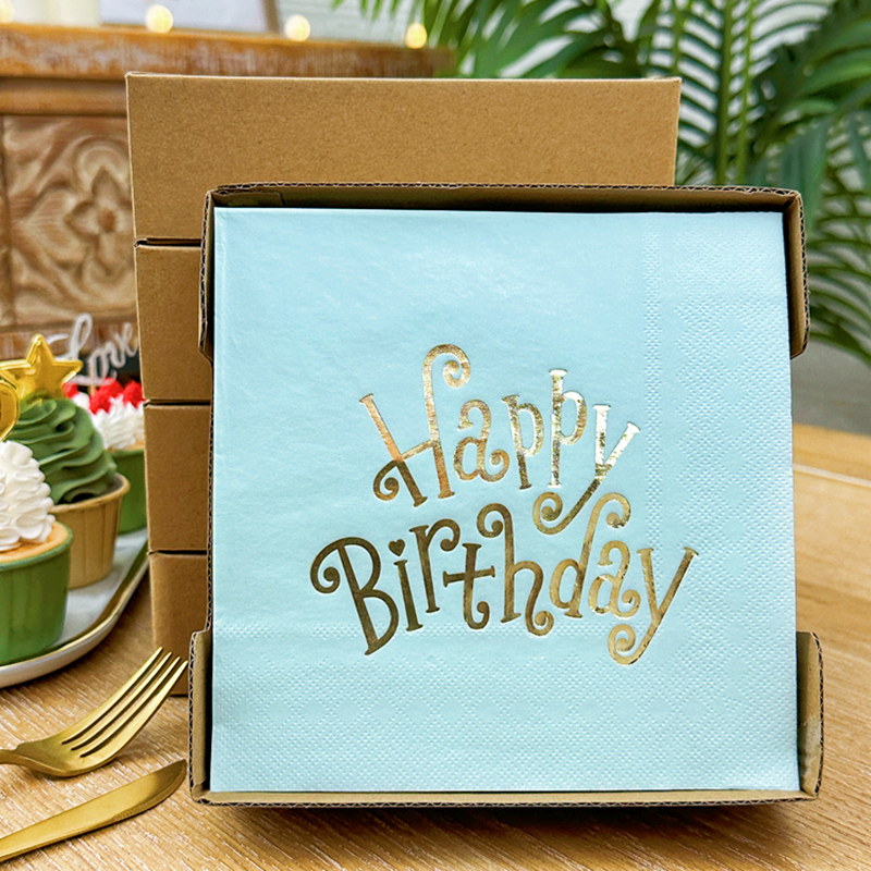 Colorful Napkins, Printed Paper Napkins, Cup Flower Paper, Party Table Decoration Paper Napkins, Blue Birthday Foil Stamping, 50 Sheets Per Box