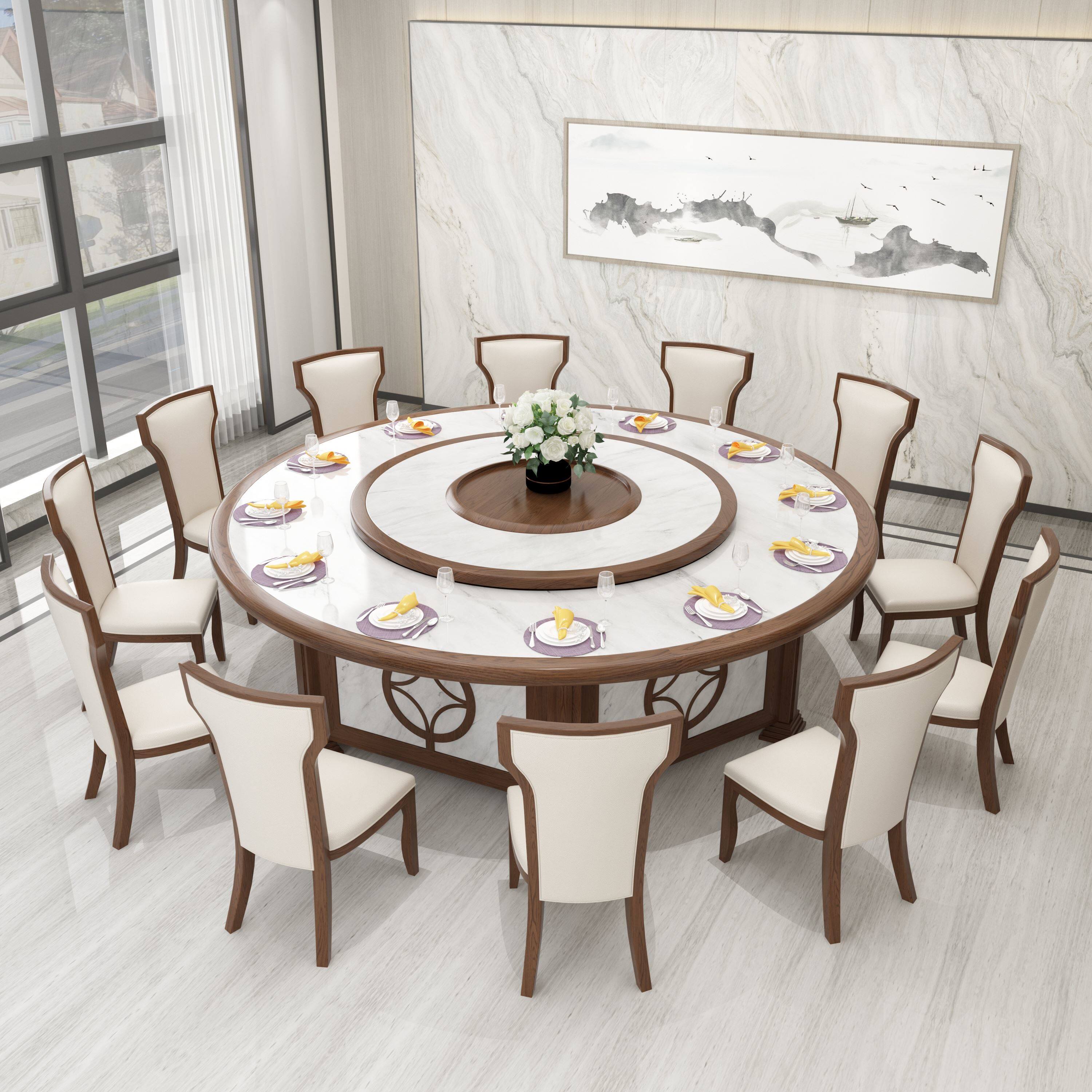 Electric Dining Table Hotel Large Round Table 15 People Dining Room Automatic Turntable Solid Wood Table Hotel Bag Charged Magnetic Furnace