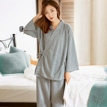 Chinese wind pyjamas womens spring summer pure cotton thin strips of lace family clothing Japanese lovers Khan steamed sauna and spa suit men