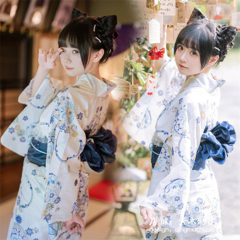 New Style Kimono for Women, Japanese-Style Improved Version, Light Blue Long Yukata Dress for Fireworks Festival, Kimono Set
