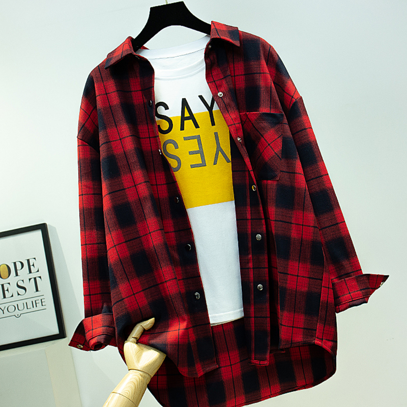 2026 Spring and Autumn Plaid Shirt for Women, Long Sleeve, Mid-Length, Loose Fit, Casual Versatile Thickened Red and Black Shirt with Brushed Fabric