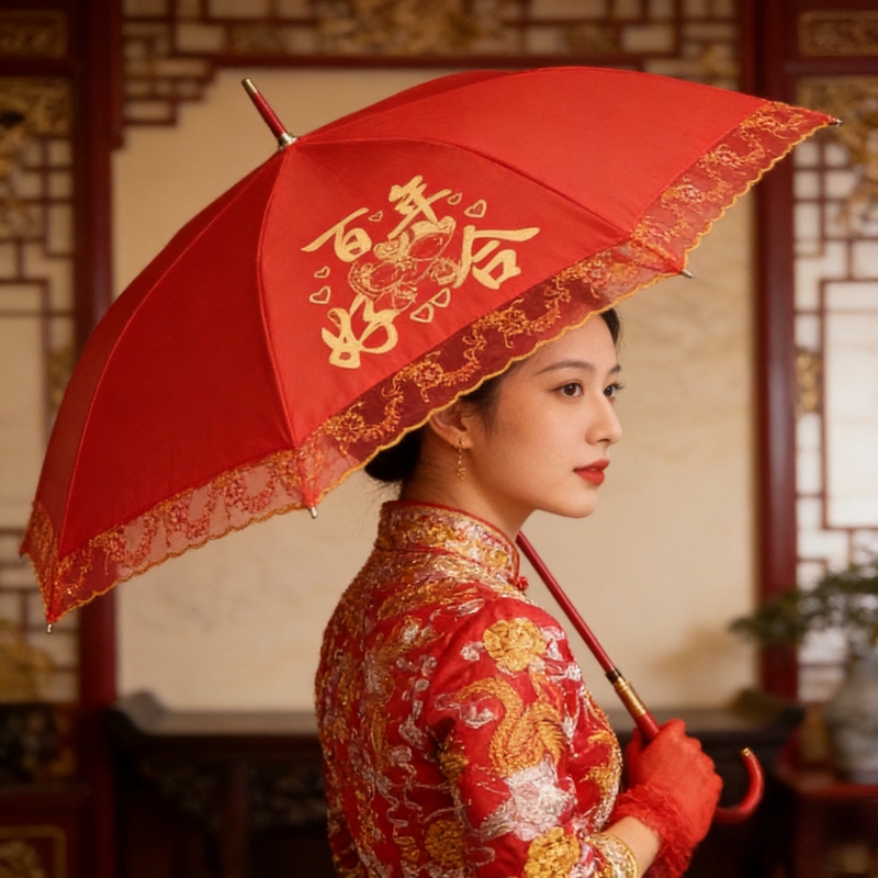 Wedding Supplies Bride's Red Umbrella for Going Out, Festive Wedding Umbrella, Red Automatic Sequin Long-Handled Umbrella, Sunny and Rainy Umbrella