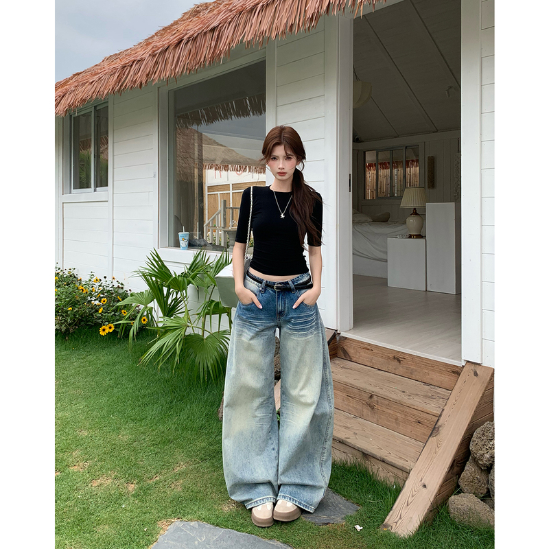 Bai Xiaoyu Original American-Style Spicy Girl Washed Vintage Jeans for Women, Low-Waisted, Loose, Slimming, Scimitar-Shaped Wide-Leg Pants Bai Xiaoyu Original American-Style Spicy Girl Washed Vintage Jeans for Women, Low-Waisted, Loose, Slimming, Scimitar-Shaped Wide-Leg Pants