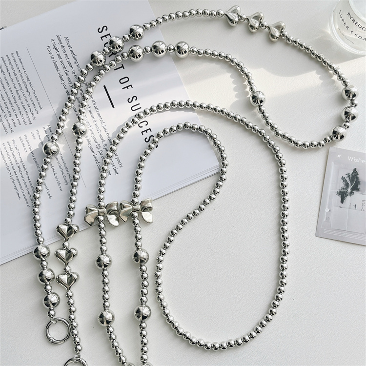 Korean ins Silver Bead Bowknot Heart Phone Chain Crossbody Chain Universal Card Holder Bag Handbag for Women