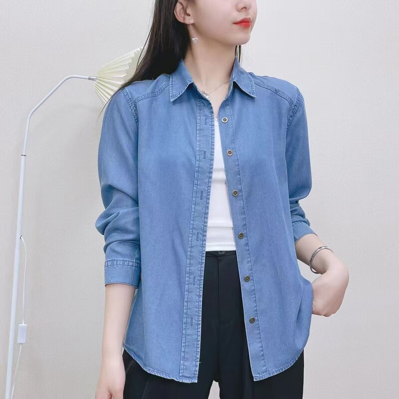 Authentic Godeshi High-End Denim Shirt for Women, Tencel, Lightweight, Soft, Summer, Plus Size, Loose-Fitting Shirt, Elegant Long Sleeves Authentic Godeshi High-End Denim Shirt for Women, Tencel, Lightweight, Soft, Summer, Plus Size, Loose-Fitting Shirt, Elegant Long Sleeves