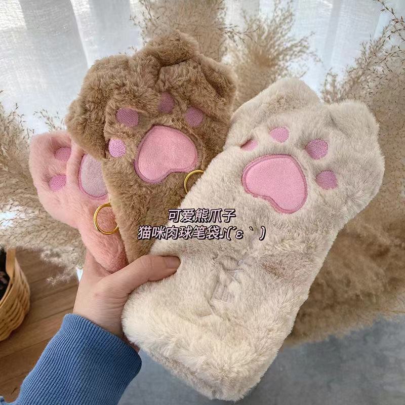 Cute Cartoon Plush Cat Paw Pen Bag Han Prints Teenage Girl Hearts Schoolgirl Super Cute Nets Red Stationery Bag Lead Pencil Case